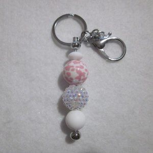Pink and White Beaded Keychain / Bag Charm.